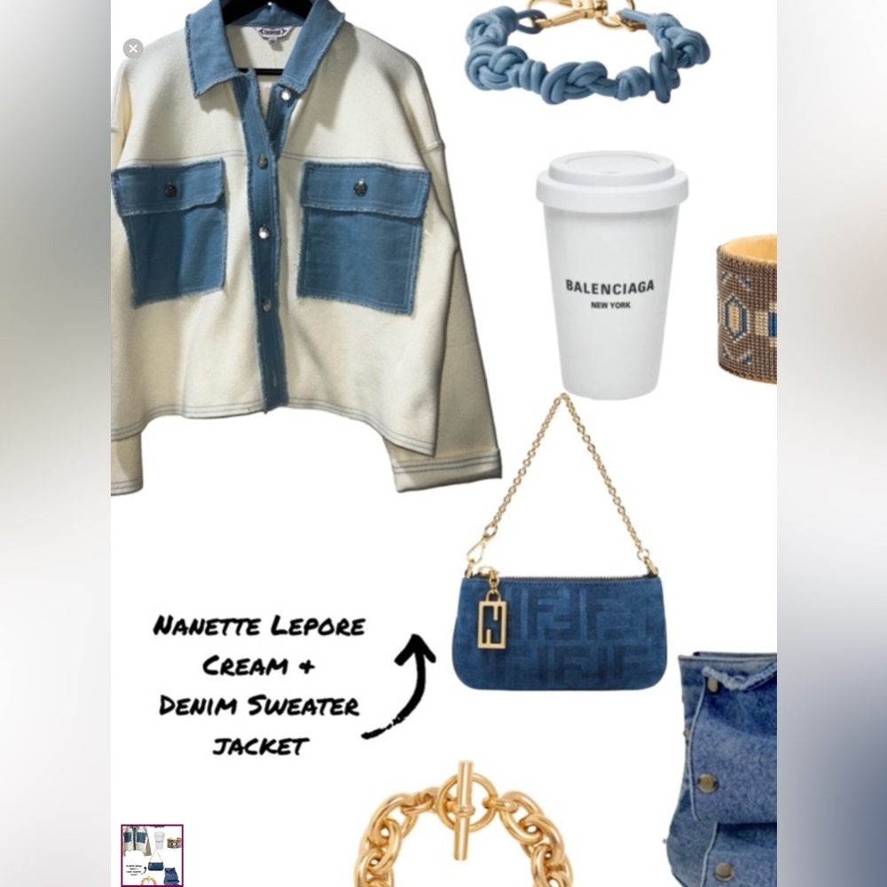 Nanette Lepore Cream and Blue Cardigan - Picture 2 of 5